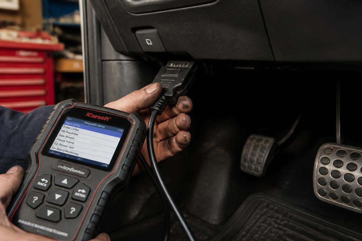 Mechanic plugging an OBD2 scanner into a car's 16-pin OBD port under the dashboard during a workshop test